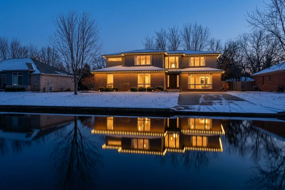 Lakefront home with warm white roofline lights reflected on the water