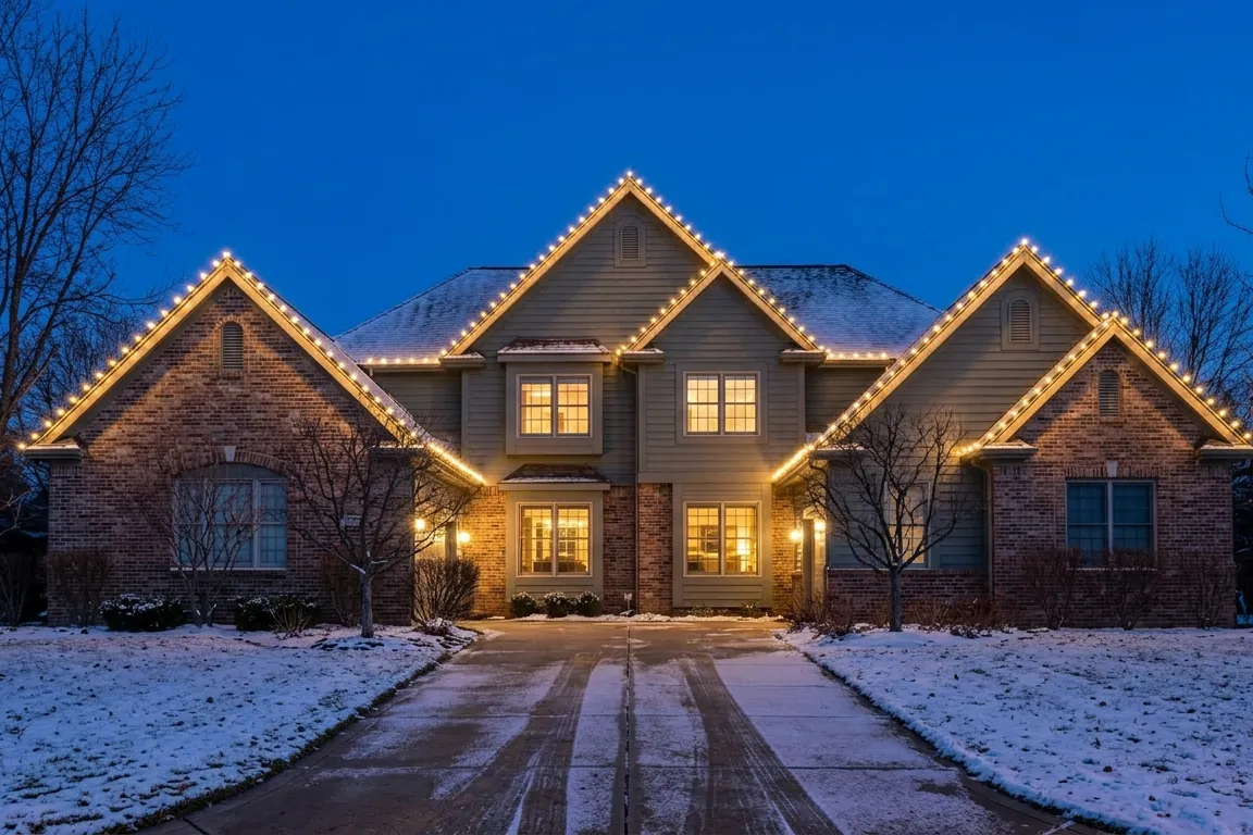 Home with warm white C9 lights outlining three front gables