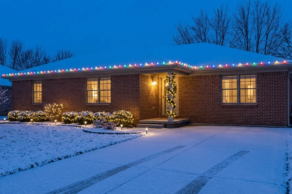 Brick ranch with multicolor C9 lights along the roofline in fresh snow