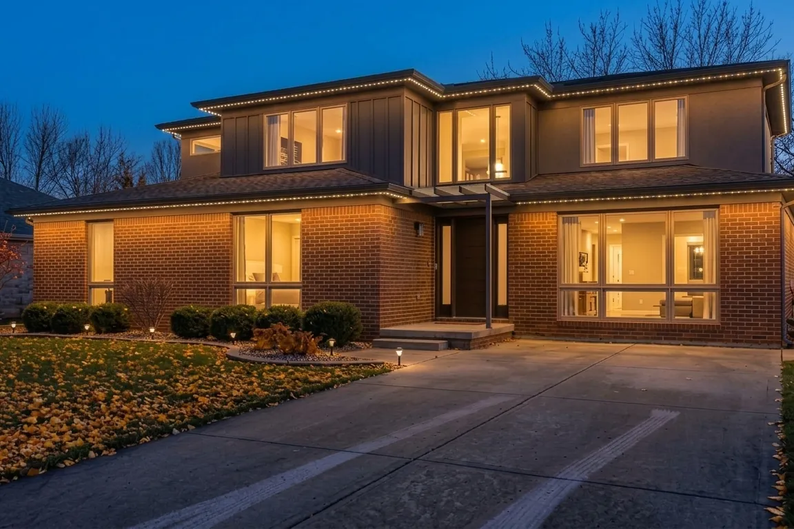 Modern brick home with permanent roofline lighting set to warm white