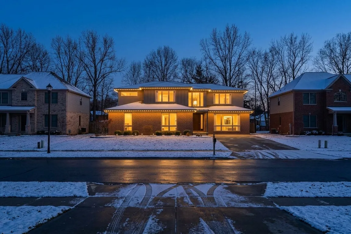 Two-story subdivision home lit with warm white C9 lights while the neighbors stay dark
